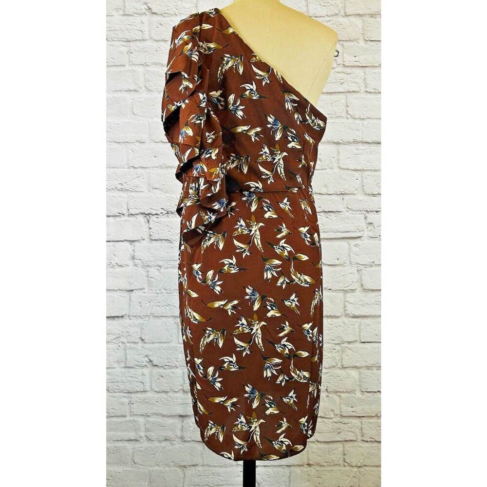 Soncy Dress Size 12 One Shoulder Asymmetrical Fitted Ruffle Floral Brown‎ NWT